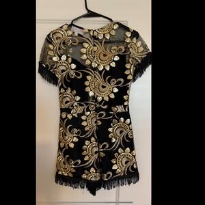 Black & Gold fringe, mesh, and sequin short sleeve fun party romper